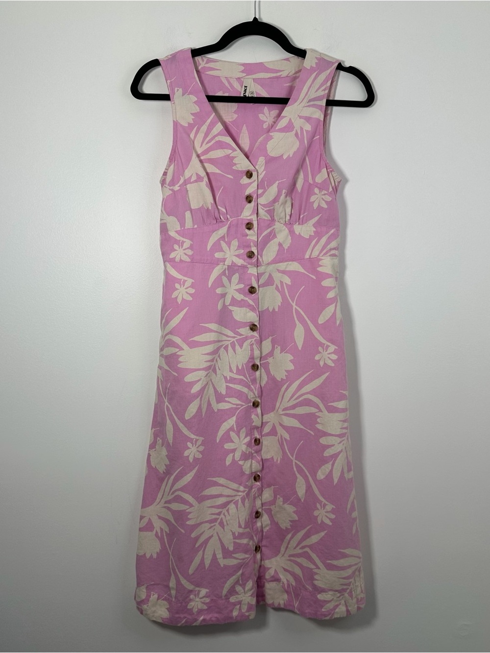 Pact Women’s XS Pink Floral Button Front Midi Dress Organic Cotton Linen